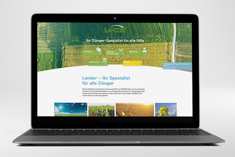 Landor Zeigt die Landor Website Startseite in einem Laptop Mockup